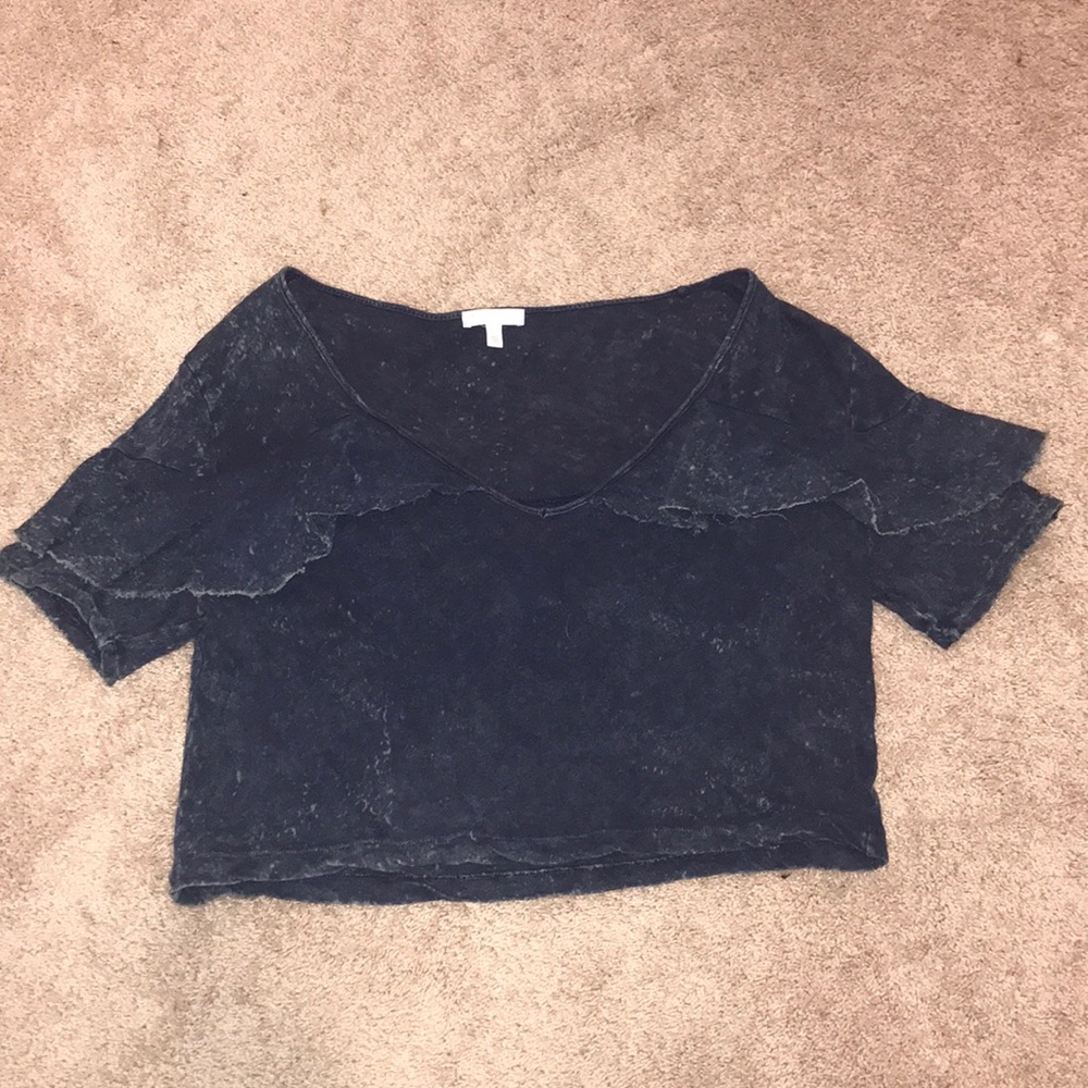 Scoop V Neck Ruffled Distressed Navy Top